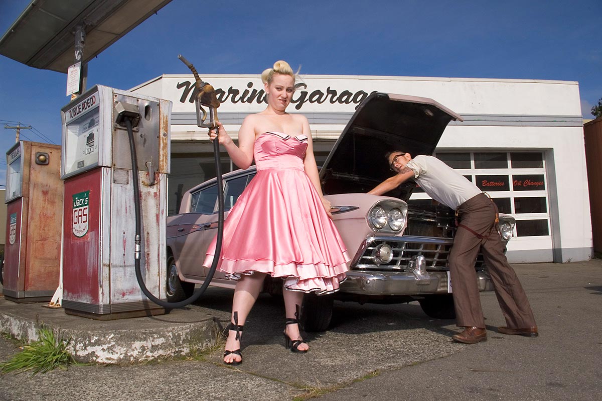 Editorial photography of retro couple at vintage gas station